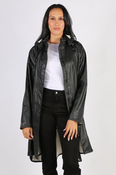 Image of a knee-length, black Ilse Jacobsen raincoat made from waterproof fabric. The coat features a front zip and button closure, a drawstring hood, and two large pockets at the hips. The coat has a flattering A-line shape and is ideal for keeping dry i