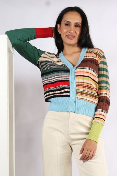 Opt for a fun statement this season in this Fuji Cardigan by Aldo Martins. In an overall multi stripes, the ribbed cardigan has a front button closure and a V Neck. It is finished with ribbed hem and long cuffs. Layer it over pieces and elevate your every