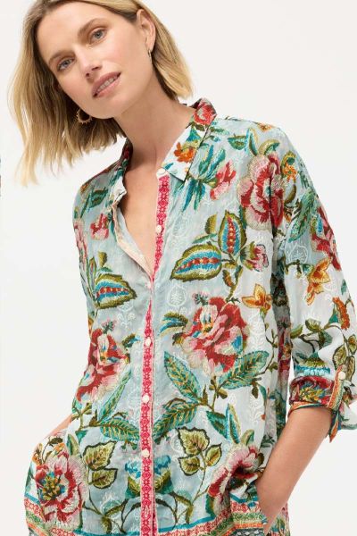 Make a statement with the Johnny Was Audrey Button Up Shirt, where artistic flair meets everyday wearability. This stunning piece showcases a beautiful embroidered floral design that demands attention. The relaxed silhouette features a classic button fron