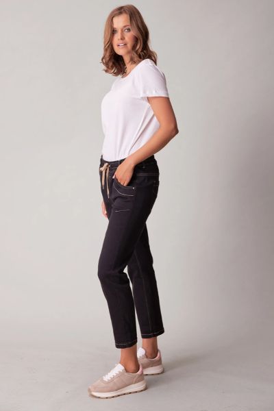 Casual jean with elasticated waist and adjustable drawstring tie. Soft handle achieved by special garment wash.