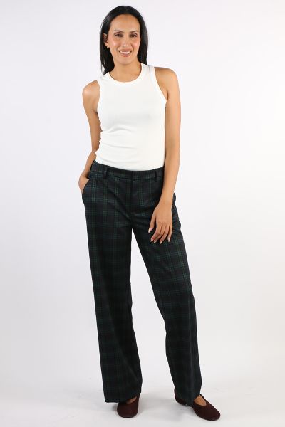 A timeless plaid with a modern wide leg silhouette. The Kelsey Trouser in Black Watch Plaid offers a refined take on classic tailoring, designed to flatter with a clean mid rise fit and fluid drape. Style it with the matching boyfriend blazer or a cozy kn