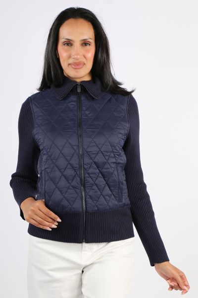 Elevate your autumn winter style with the Liverpool Zip Front Jacket in Olive. Featuring a luxurious ribbed knit collar, long sleeves and back that deliver comfort, while the textured quilted front provides warmth where you need it, without the bulk.