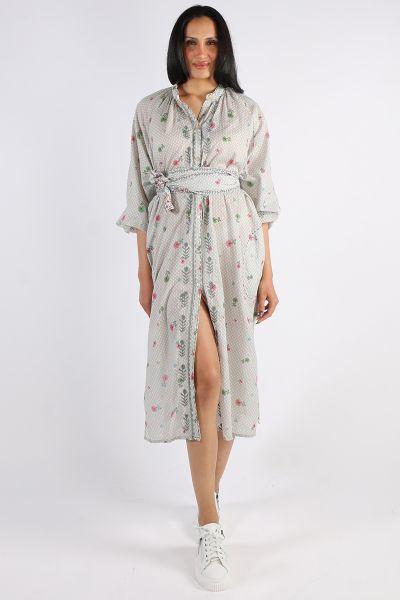 Easy dress gets a Mandalay treatement. In an overall floral print, along with embroidered details, this easy dress in easy cotton has gathered details, long sleeves and keeps you cool and breezy. Style with easy sneakers. Belt not included. Style SS25002.