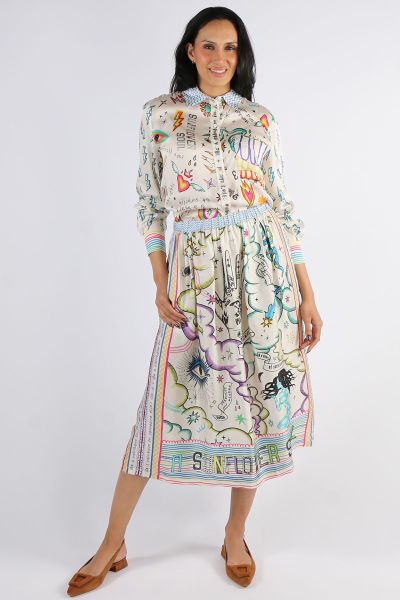 Viscose midi skirt. Elastic waist. Skirt is a bit full. Pair with our matching shirt for a vivid, fun look. Viscose 100%
