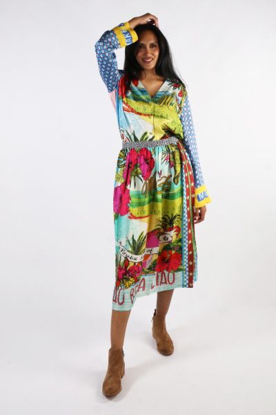 Elastic waist, flowry pleated midi skirt in our Twisted Love pattern features tropical colors, beautiful pink flowers and a lovely beach scene. Skirt reads Me 369, Paradise State of Mind and CIAO BELLA CIAO along the hemline. Pair with our Angelique cami 
