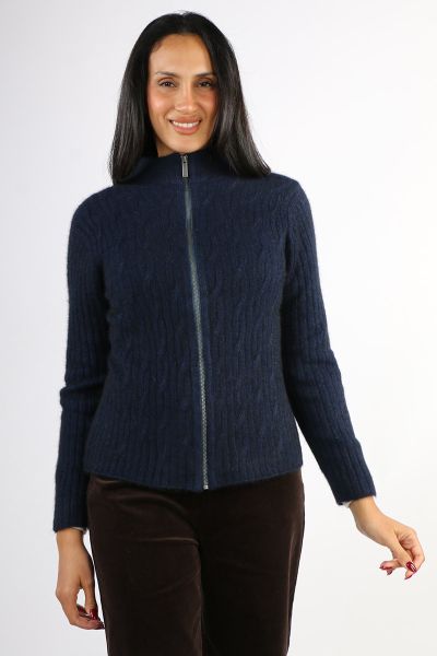 An easy everday cardi by Merino Snug is your perfect everday look. The Merino Possum blend cardi with zip front and full sleeves, has a yamba cable knit. Style it with easy pants and boots. Style L2014.
