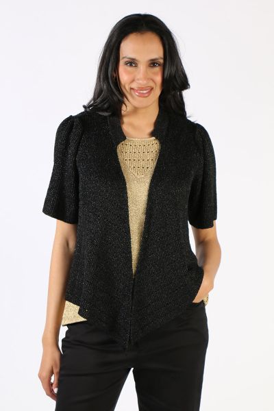 Layer up with a glint of glam with this Cardigan in Ping Pong. In Lurex, the front open short sleeves, edge to edge cardigan is your perfect go to, to amp up any basic tank or tee. Style this cardi over easy tank or tees and pants to elevate any look. Sty
