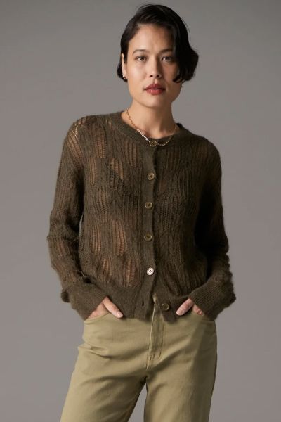 Pol Livia Pointelle Cardigan In Khaki