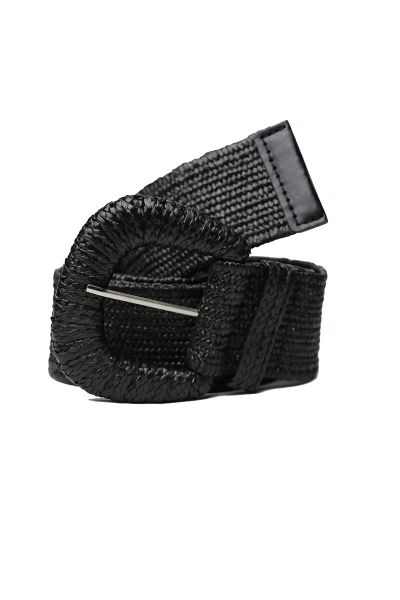 Woven Raffia Stretch Belt In Black