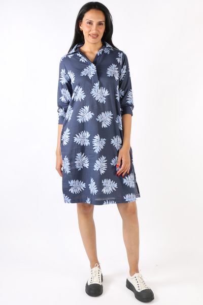 Bagruu Raquel Leaf Print Dress In Navy
