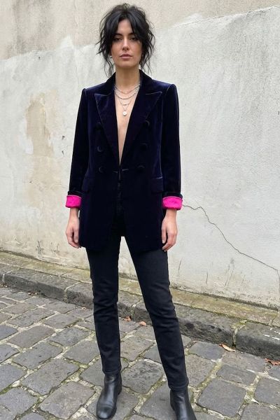 Sophie Moran Velvet Double Breasted Blazer In Navy