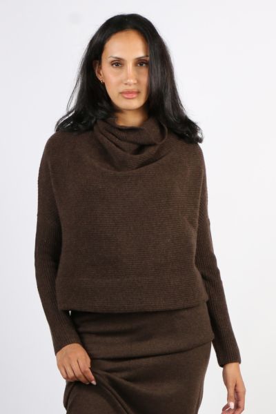 Cashmerism Ribbed Cowl Neck Crop Top In Chocolate