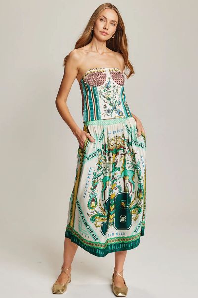 The Vanessa Sporty Jade Midi Skirt brings effortless femininity with a touch of playfulness. Designed with an easy elastic waistband, this fluid viscose piece moves beautifully and features ME369 s vibrant multi green print. Perfect on its own or paired w