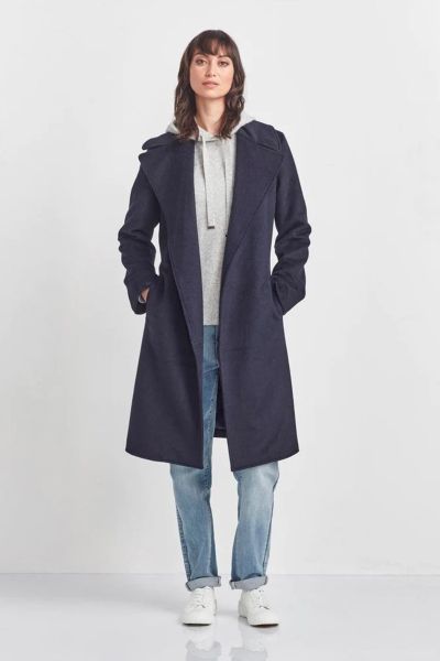 Fully lined coat in soft Wool blend fabric.  The Foxtail coat has a removable tie belt and can be worn tied at the front or back. Side pockets.  Collared with lapel. Full length sleeves. The Foxtail coat falls below the knee. style 8455br.