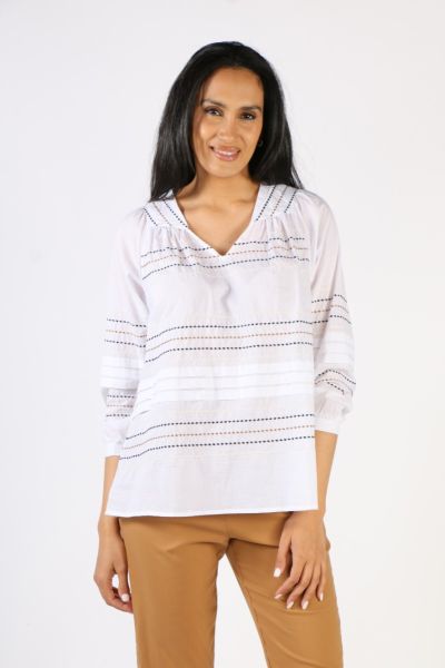 Crafted using 100% Cotton Voile, our Sugar Top flaunts a captivating Vneck with exquisite embroidered stripes and charming pintuck details. A bracelet length sleeve with a cuff completes this hip length style. style 8629br.