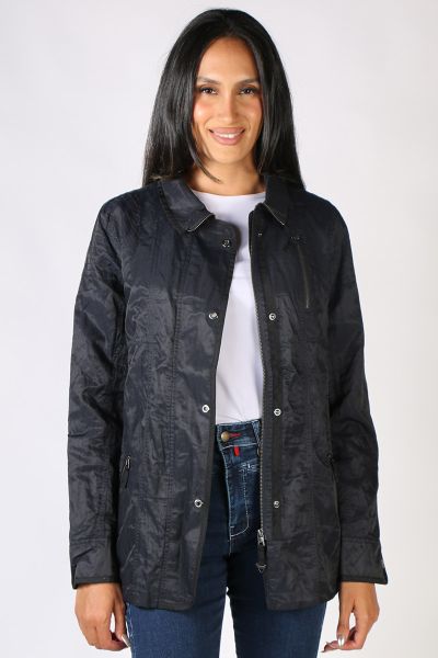 Lightweight jacket with contrast trim and top stitching detail. Zip and dome opening which zips up to funnel neck collar. Gathering at back with detailed panel. Zip front pockets. Style 5803NXBT.