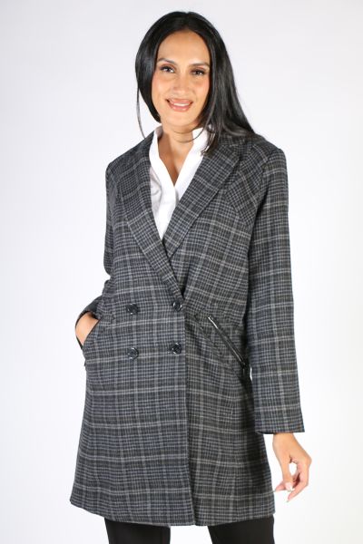 Fully lined check double breasted coat.  The Terrace coat has functioning zip pockets.  Full length sleeve. style 8478br.