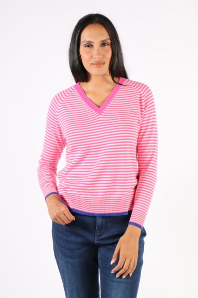 Zaket & Plover Essential Stripe V Jumper In Fuchsia