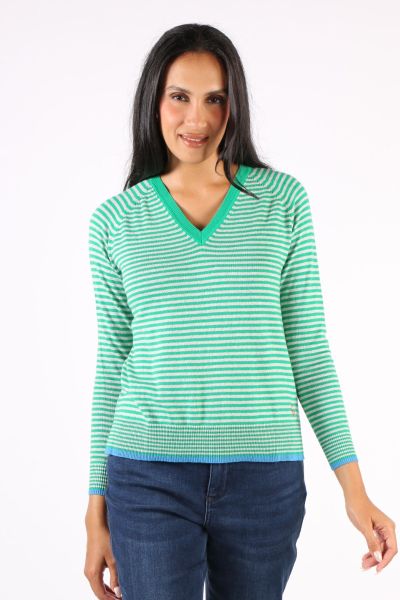 Zaket & Plover Essential Stripe V Jumper In Jade