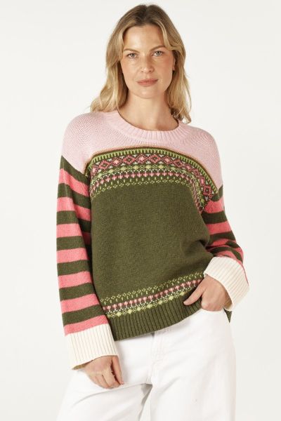 Go for an oversized fit this cozy season in this Zaket and Plover Jumper. The cotton merino blend jumper has a mix of fairisle pattern and striped full sleeves, round neck and cozy vibes. Style ZP7103
