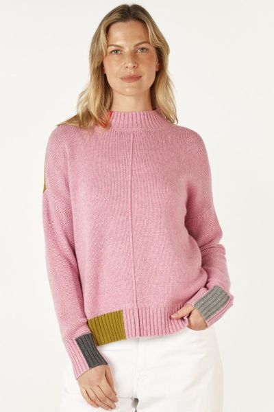The classic jumper gets an uplift by Zaket and Plover. In a cotton merino, the jumper has a front seam detail with a high mock neck and full sleeve with bursts of colour pop throughout the jumper. Style this with easy pants. Style ZP7103.
