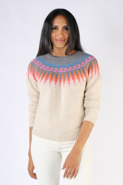 Keep cosy this season in the Franz Jumper by Aldo Martins. In a wool blend, this multicolour fairisle knit is the perfect piece for adding a pop of colour into your autumn winter wardobe. Featuring a round neck, with ribbed cuffs and hemline, this jumper 