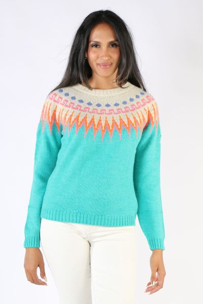 Keep cosy this season in the Franz Jumper by Aldo Martins. In a wool blend, this multicolour fairisle knit is the perfect piece for adding a pop of colour into your autumn winter wardobe. Featuring a round neck, with ribbed cuffs and hemline, this jumper 