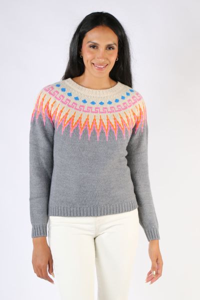 Keep cosy this season in the Franz Jumper by Aldo Martins. In a wool blend, this multicolour fairisle knit is the perfect piece for adding a pop of colour into your autumn winter wardobe. Featuring a round neck, with ribbed cuffs and hemline, this jumper 