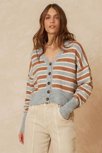 Layer up this season with this striped cardigan. In a V shaped neckline it has Dropped shoulder and long sleeves with cuffs. With Buttoned front closure, Slightly short square cut and Ribbed finish detail on hem and cuffs.