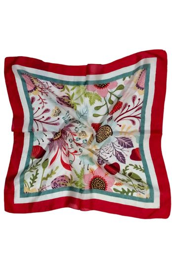 Experience the unparalleled elegance of this designer rich red hue scarf serves as a striking backdrop for the intricate floral design, creating a stunning contrast that enhances the details of the print. The habutai silk fabric provides a soft, smooth te