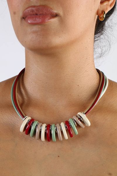 Resin beads on 4 rows leather cords necklace, 45cm in Red Green Multi and Gold with magnetic clasp. NM425R.
