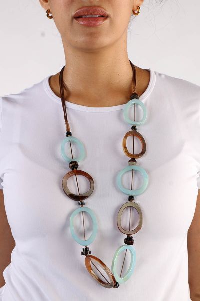 Resin circles strung with wax cords necklace in 80cm in Blue and Brown color.NF83 25.
