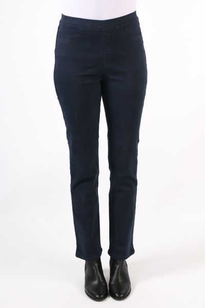 The Vassalli Slim Leg Full Length Knit Denim Pull On Pants in Navy are your go to for the season. Made from stretch fabric for the perfect fit with a soft brushed finish, it has an Elastic waistband with a Faux fly and Two faux front cutaway pockets. The 