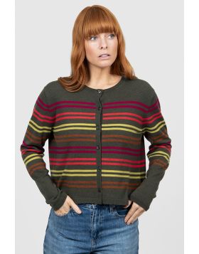Add a vibrant touch to your knitwear collection with the Lucia Multi Stripe Cropped Cardigan a joyful expression of colour and contemporary design. This cardigan features bold, multi colour stripes across the chest and sleeves, creating a playful yet soph