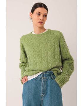 This braided knit sweater with alpaca will be one of your favorites from the collection. It is very trendy because it is cropped and loose. pair with high waisted baggy denims or skirts. EA501.
