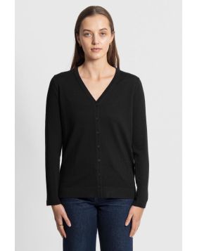 Our luxurious fine gauge V neck cardigan is a layering essential for cooler months. It is beautifully crafted, made in an easy-care construction. Featuring a regular fit silhouette, a classic v neck button front, full fashioned shoulders, and flat jersey 