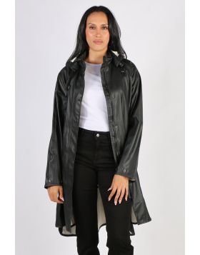 Image of a knee-length, black Ilse Jacobsen raincoat made from waterproof fabric. The coat features a front zip and button closure, a drawstring hood, and two large pockets at the hips. The coat has a flattering A-line shape and is ideal for keeping dry i