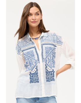 Crafted from a lightweight, flowing fabric, the Bandana Slim Audrey Collared Shirt features an intricate embroidered pattern. Designed with a button front and drop shoulders, this beautifully embellished blouse in crepe is finished with roll tab sleeves a