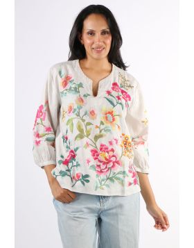 Johnny Was Split Neck Linen Blouse In Ecru