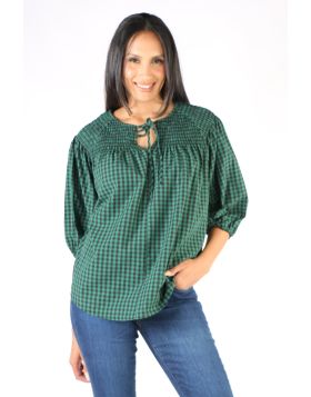 Check Shirred Top In Green by Jump