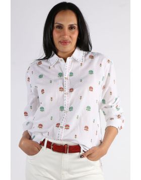 Your classic summer shirt gets a Mandalay Makeover this season in this Flower Shirt. The white linen shirt features an overall embroidered florals and stitched trim, classic collar and long sleeves. Style with easy cotton pants or denim shorts. Style 009.