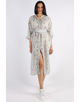 Easy dress gets a Mandalay treatement. In an overall floral print, along with embroidered details, this easy dress in easy cotton has gathered details, long sleeves and keeps you cool and breezy. Style with easy sneakers. Belt not included. Style SS25002.