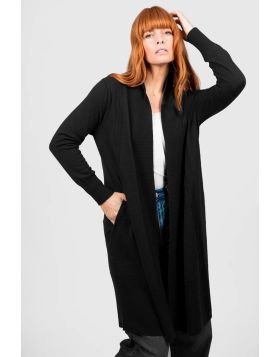 Longline elegant open front cardigan with a floaty silhouette that falls loosely on the body. Hidden side seam pockets and set in long slim sleeves with rib cuffs give a sophisticated presentation. It is ideal for snuggling when it is cold, paired with a 