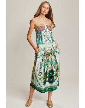 The Vanessa Sporty Jade Midi Skirt brings effortless femininity with a touch of playfulness. Designed with an easy elastic waistband, this fluid viscose piece moves beautifully and features ME369 s vibrant multi green print. Perfect on its own or paired w