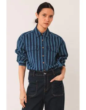 Looking for a classic fit shirt with a twist. This one has a slightly dropped shoulder and patch pockets with flaps. Its enzyme washed cotton and hemp striped fabric gives it a rustic look. It also has a regular fit.AD132.
