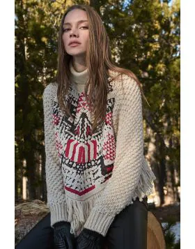 A perfect Jumper that gives you oodles of style without compromising the warmth. Sashaying with your every move Iconic fringes a detail that defines Aldo Martinas knitwear. Fringes flow with movement and character, blending with ethnic inspired prints and