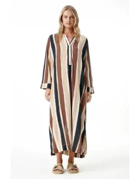One Season Bazaar Stripe Long Cotton Dress In Tan