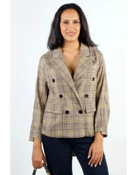 This refined look pairs a classic, structured check blazer with dark denim and a textured accessory for a polished yet approachable style. The Reese Blazer by Blacklist is a standout double-breasted piece featuring a timeless brown and tan check pattern. 