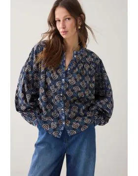 Summum Block Print Blouse In Blue