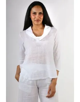 A relaxed top is a summer staple and Blueberry delivers on that. In a Linen and Jersey, the cowl neck top has 3/4 sleeves and a dip hem. Style it with easy pants, tailored ones or a denim short and it is sure to adapt to the look. Style 25049.
